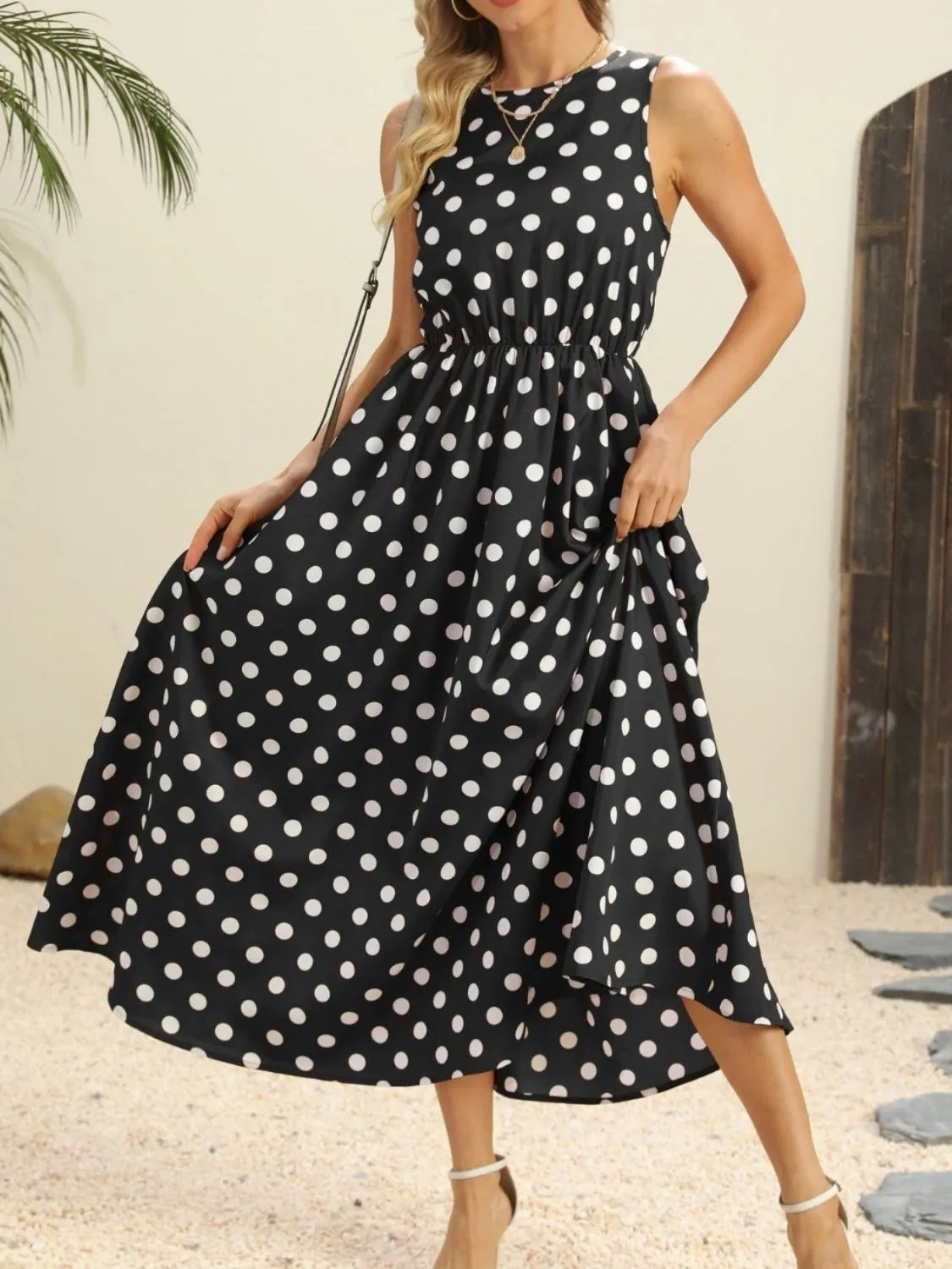 Polka Dot Round Neck Sleeveless Midi Dress