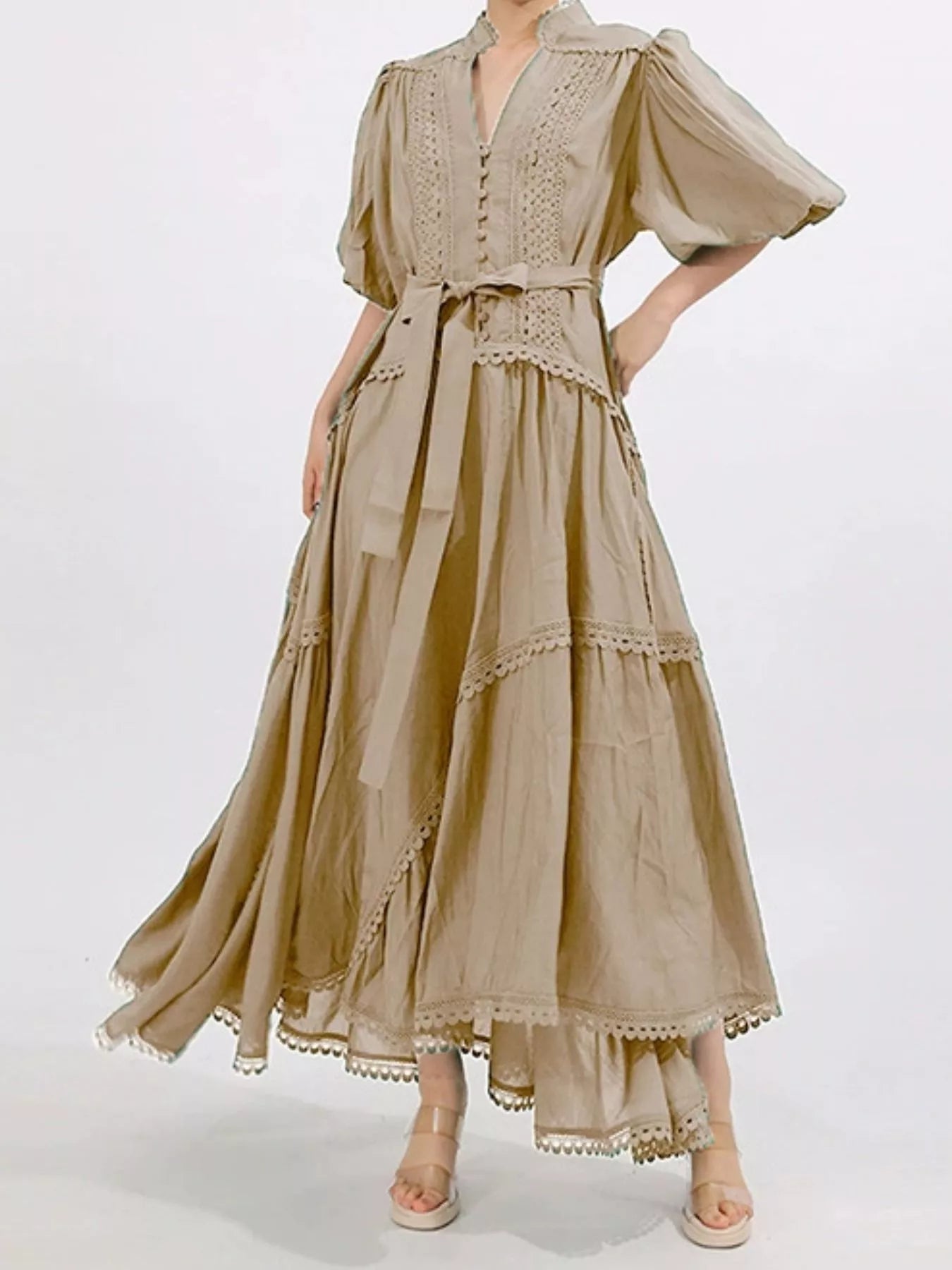 Lace Detail Notched Puff Sleeve Maxi Dress