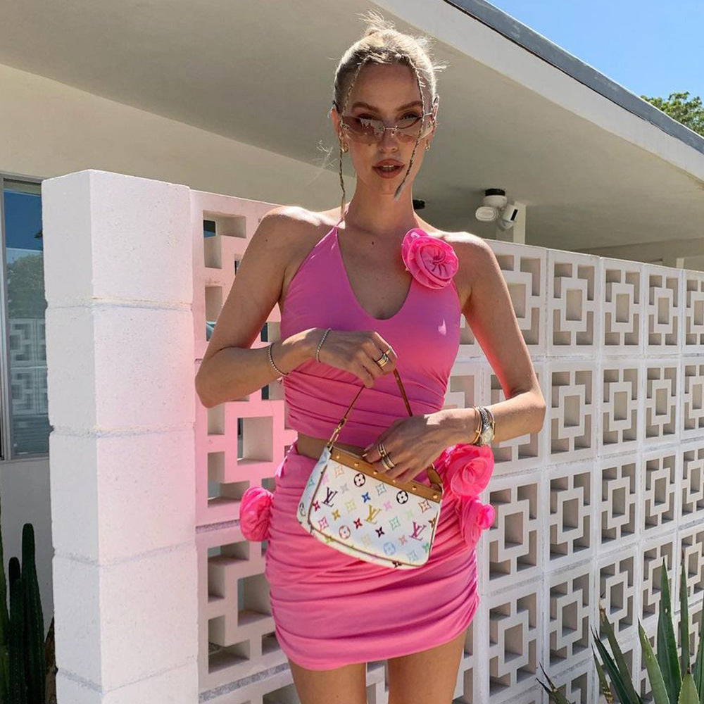 Multi Dime Halter Flower Sheath Dress