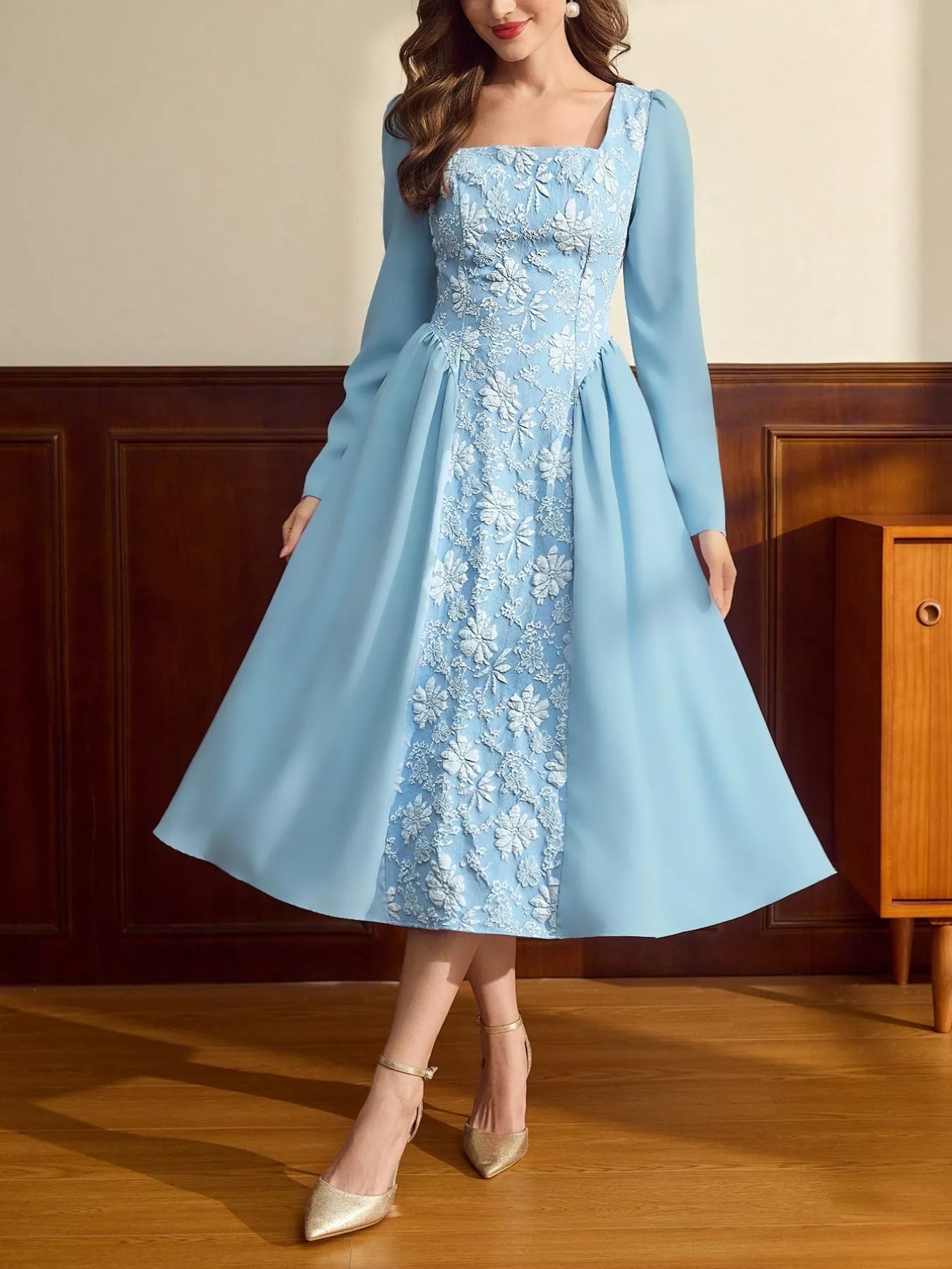 Floral Embroidered Long Sleeve A-Line Dress