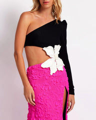 Aronia Beaded Flower One-shoulder Celeb Dress