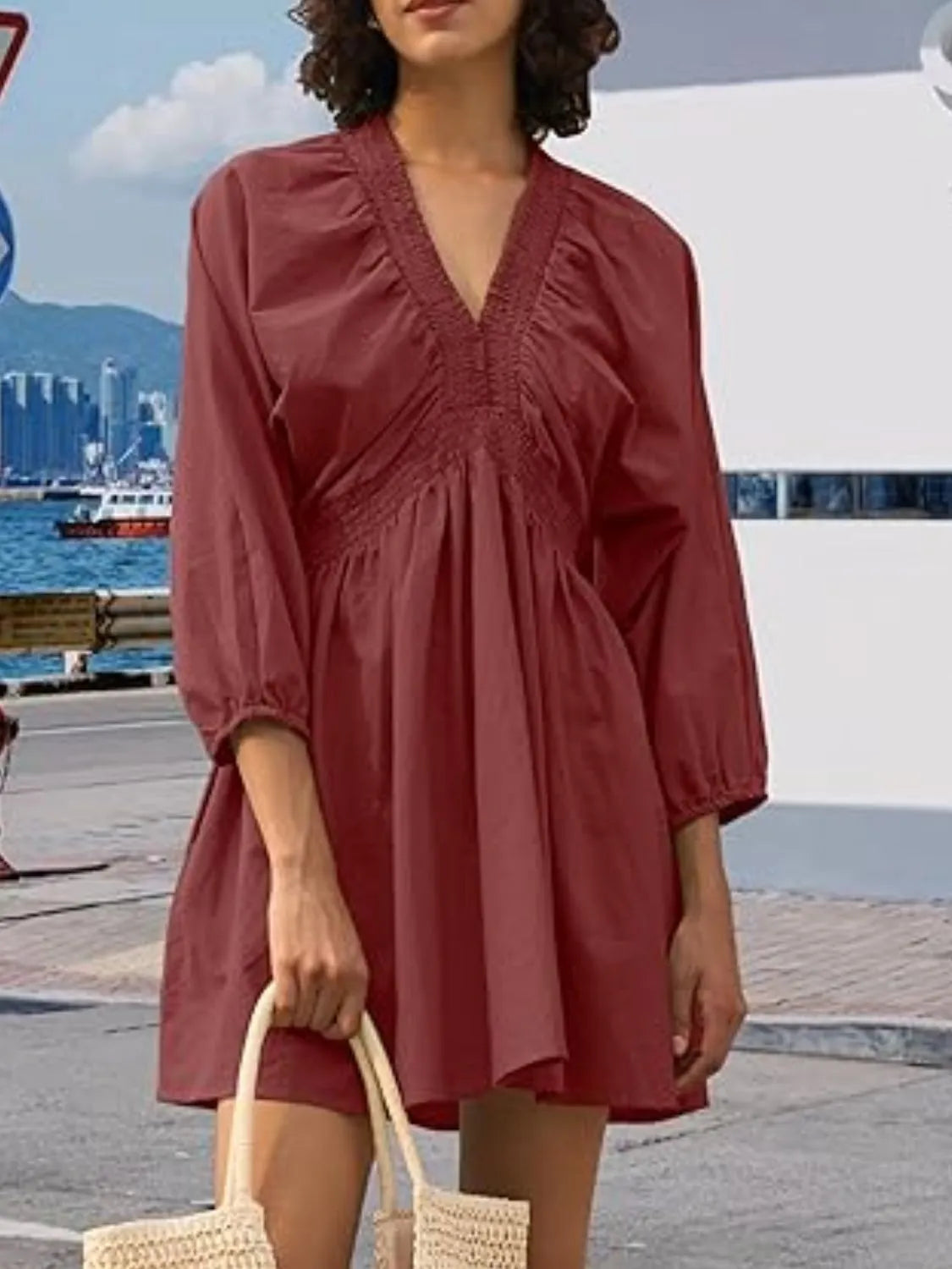 Textured V-Neck Mini Dress