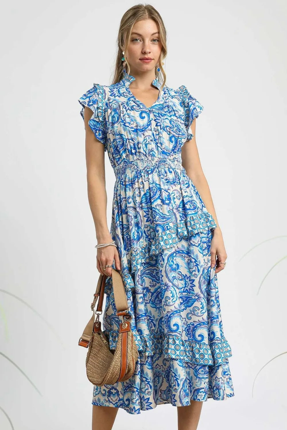 Umgee Paisley Print Ruffle Sleeve Midi Dress