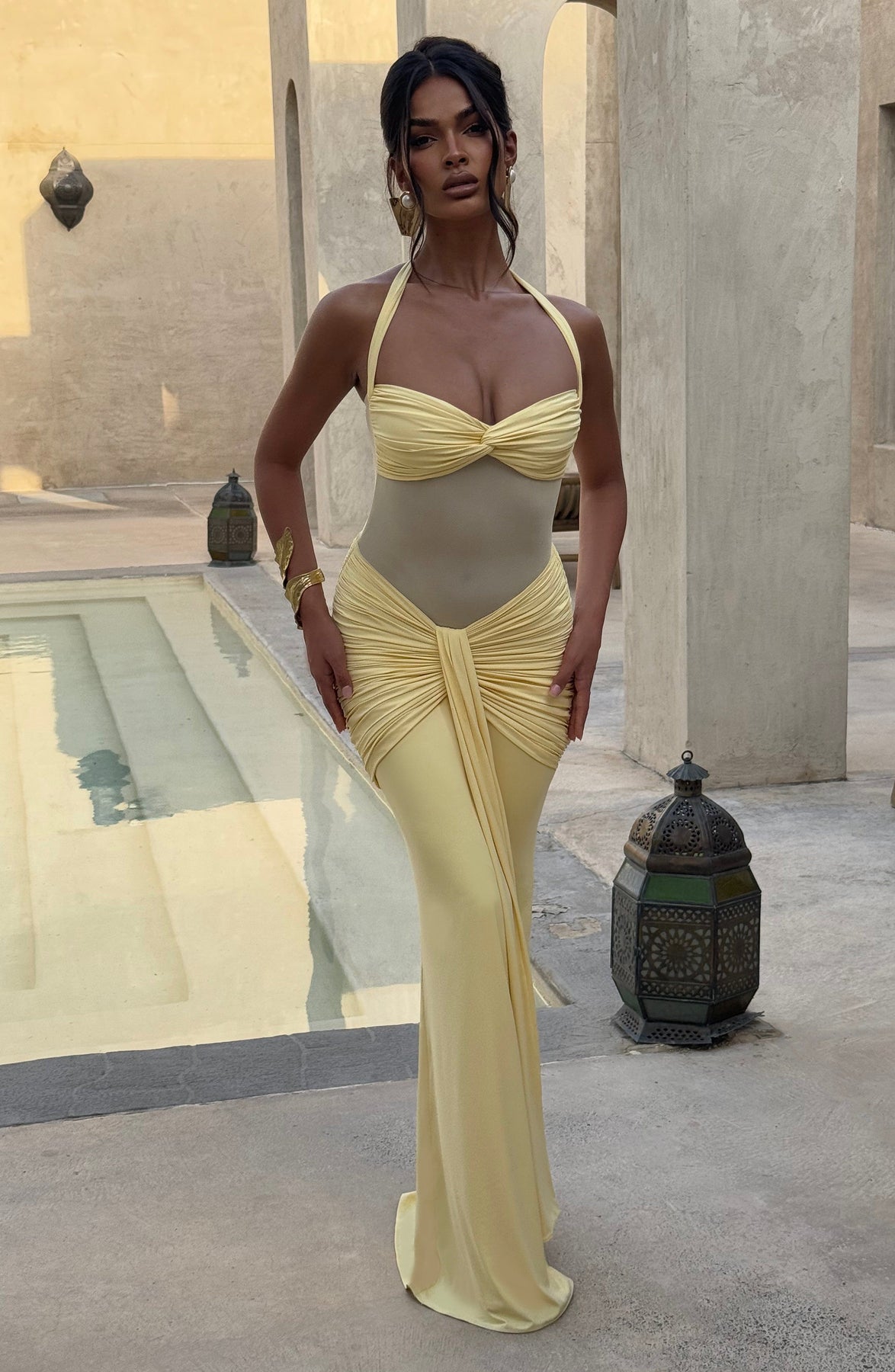 Halter Neck Backless Ruched Maxi Dress