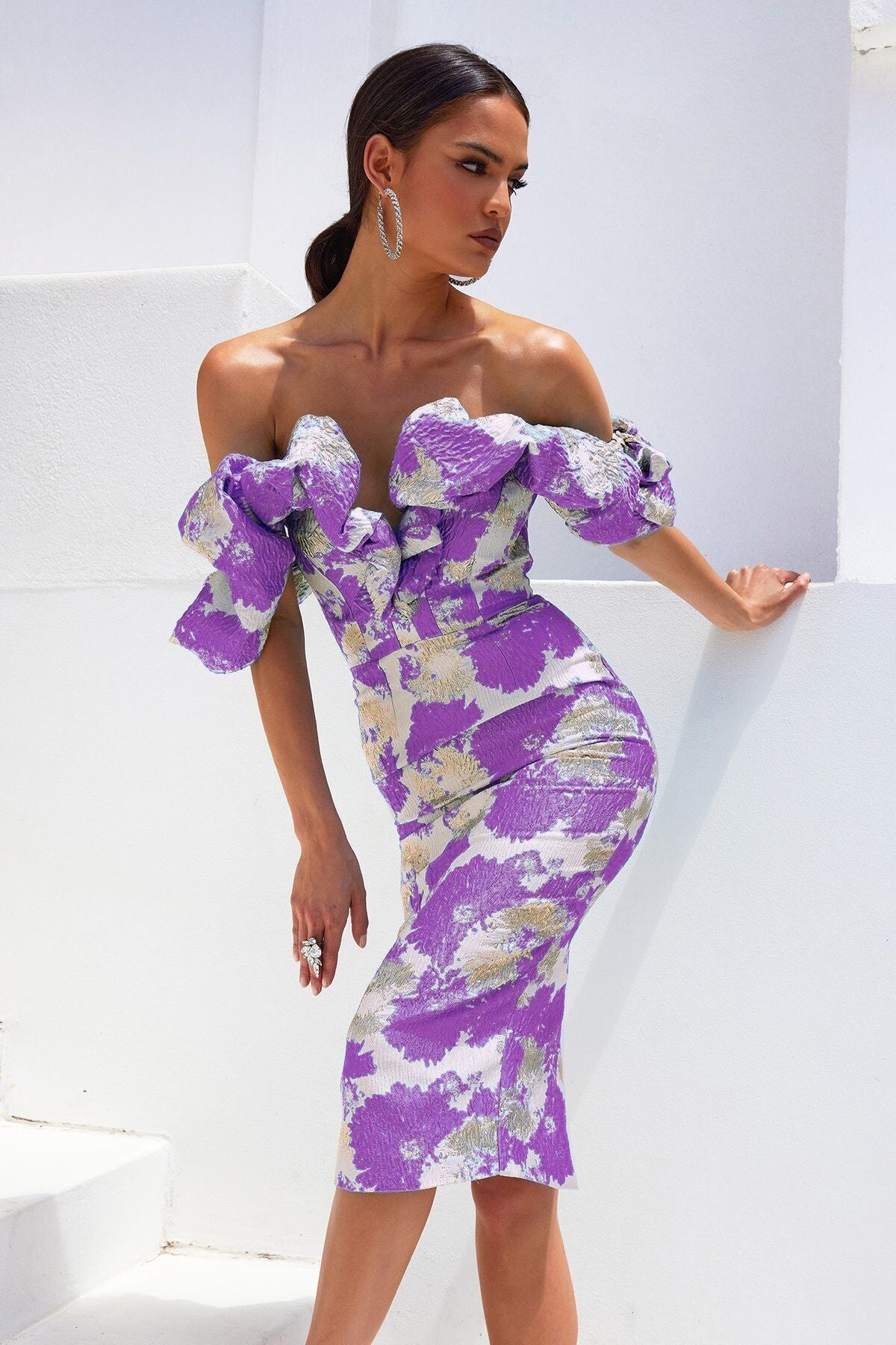 Elegant Jacquard Wrap Midi Celeb Dress