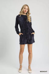 Umgee Velour Drawstring Mini Dress with Long Sleeves