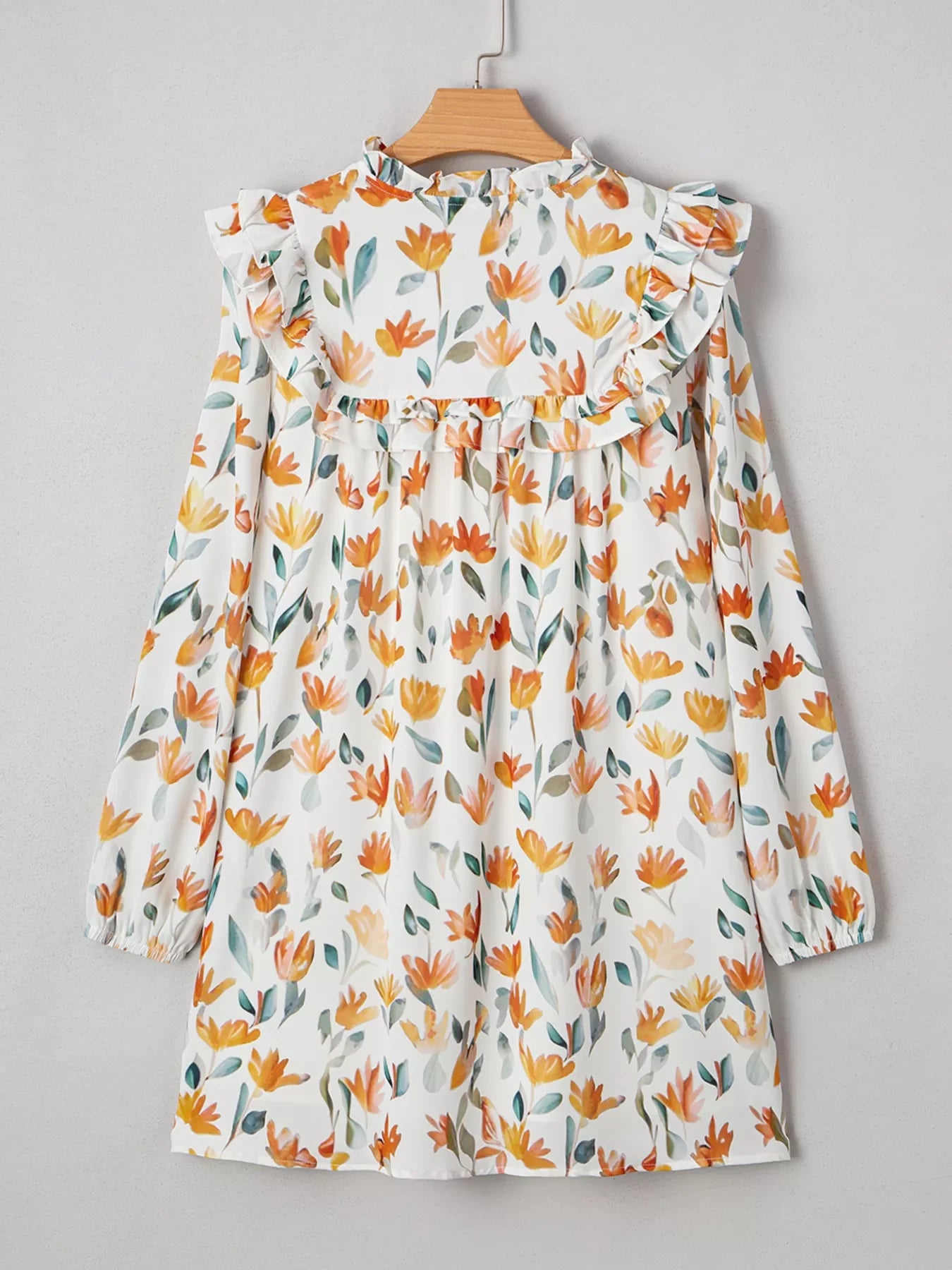 Floral Print Tie Neck Frilled Detail Long Sleeve Mini Dress