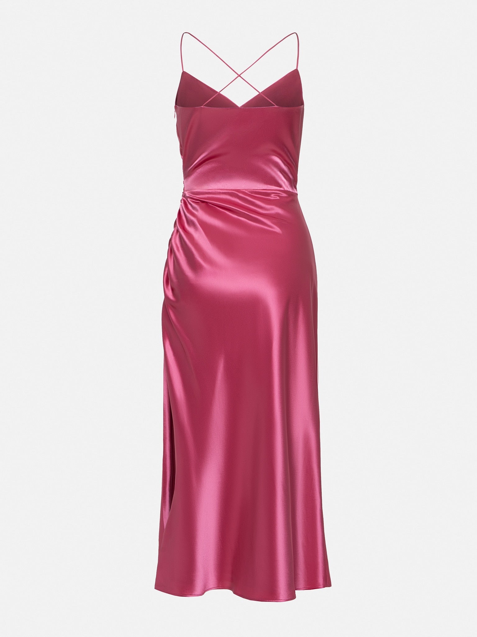 Satin V-neck Side Gathered Dress
