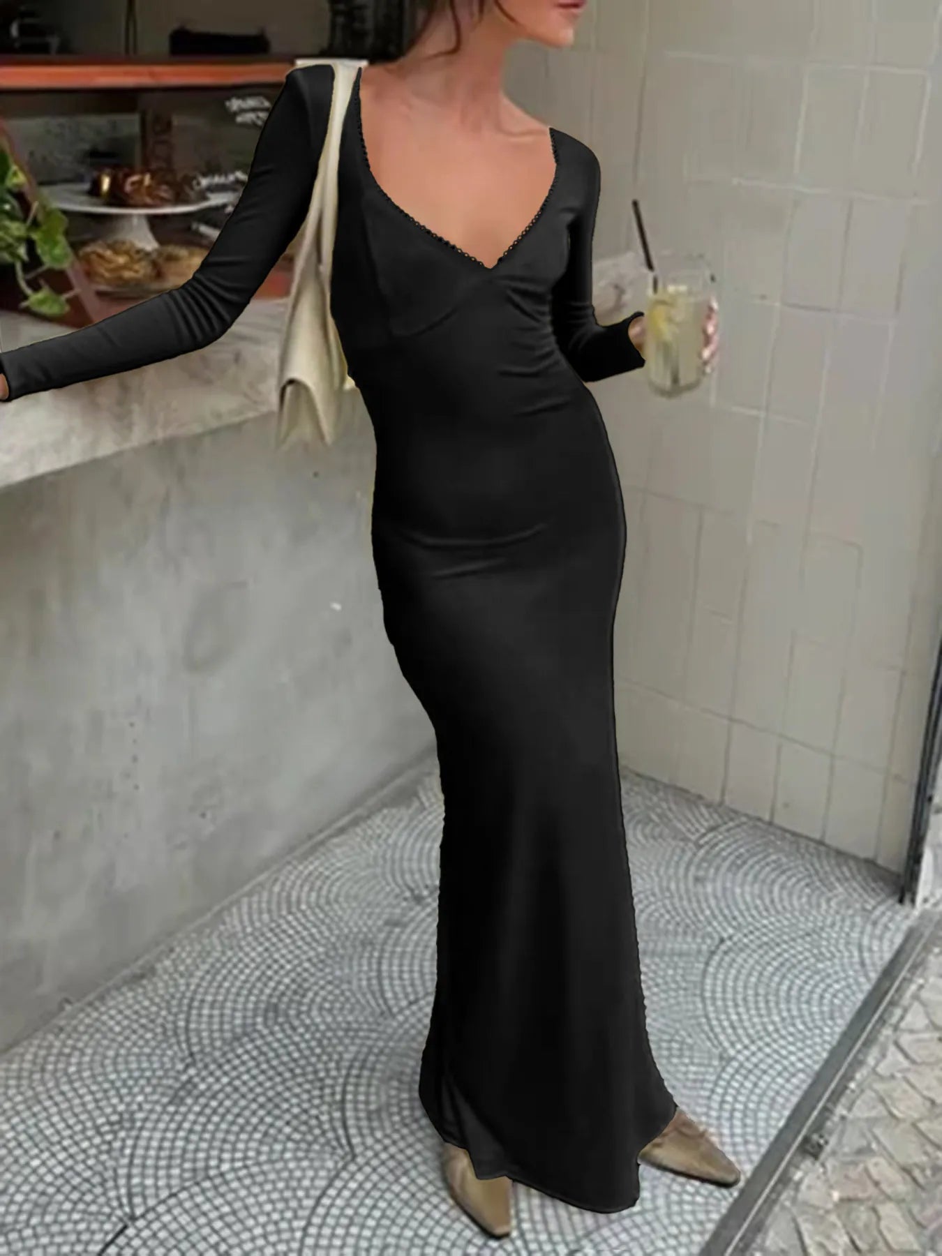Deep-V Long Sleeve Slim Maxi Dress