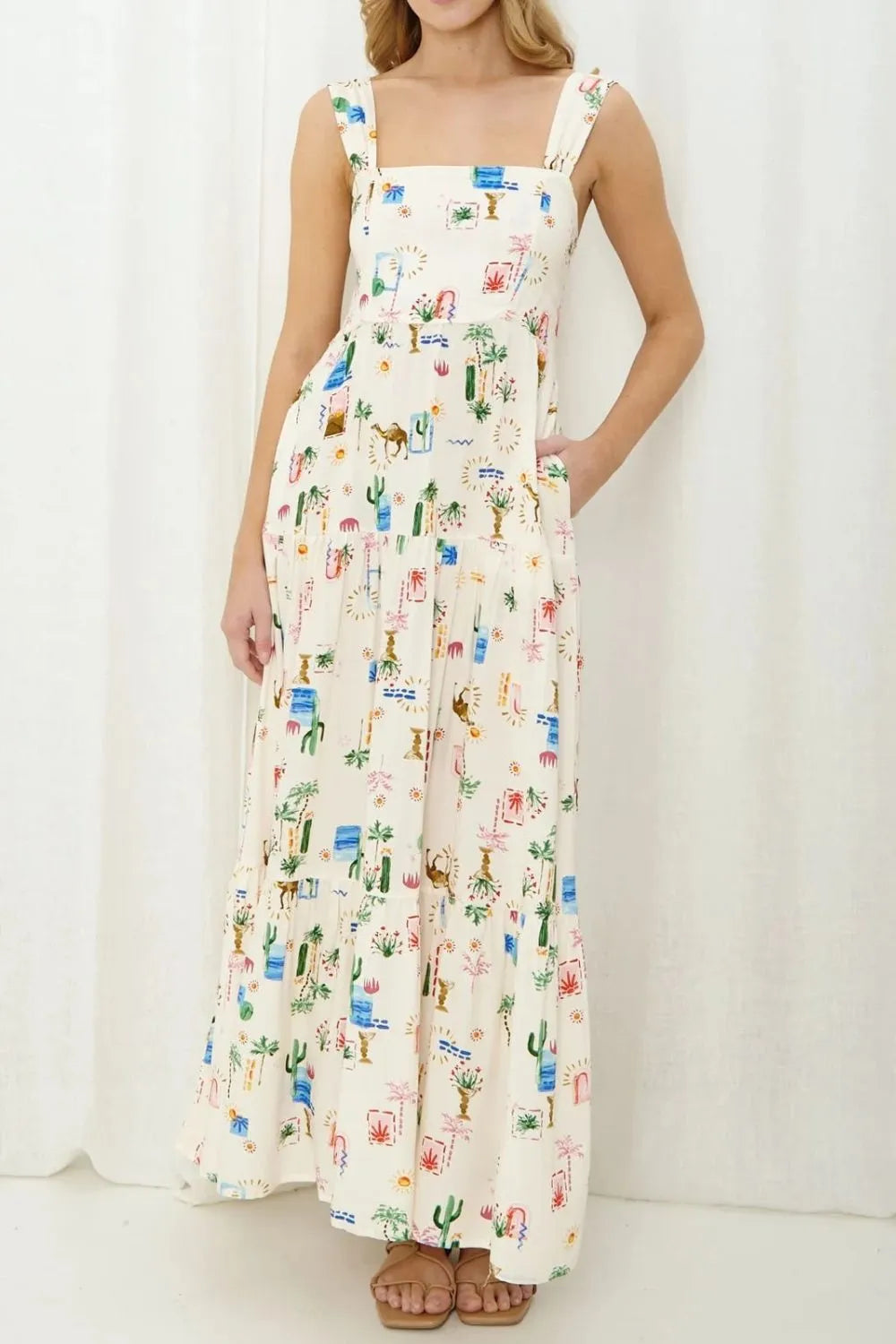 Printed Square Neck Wide Strap Maxi Dress