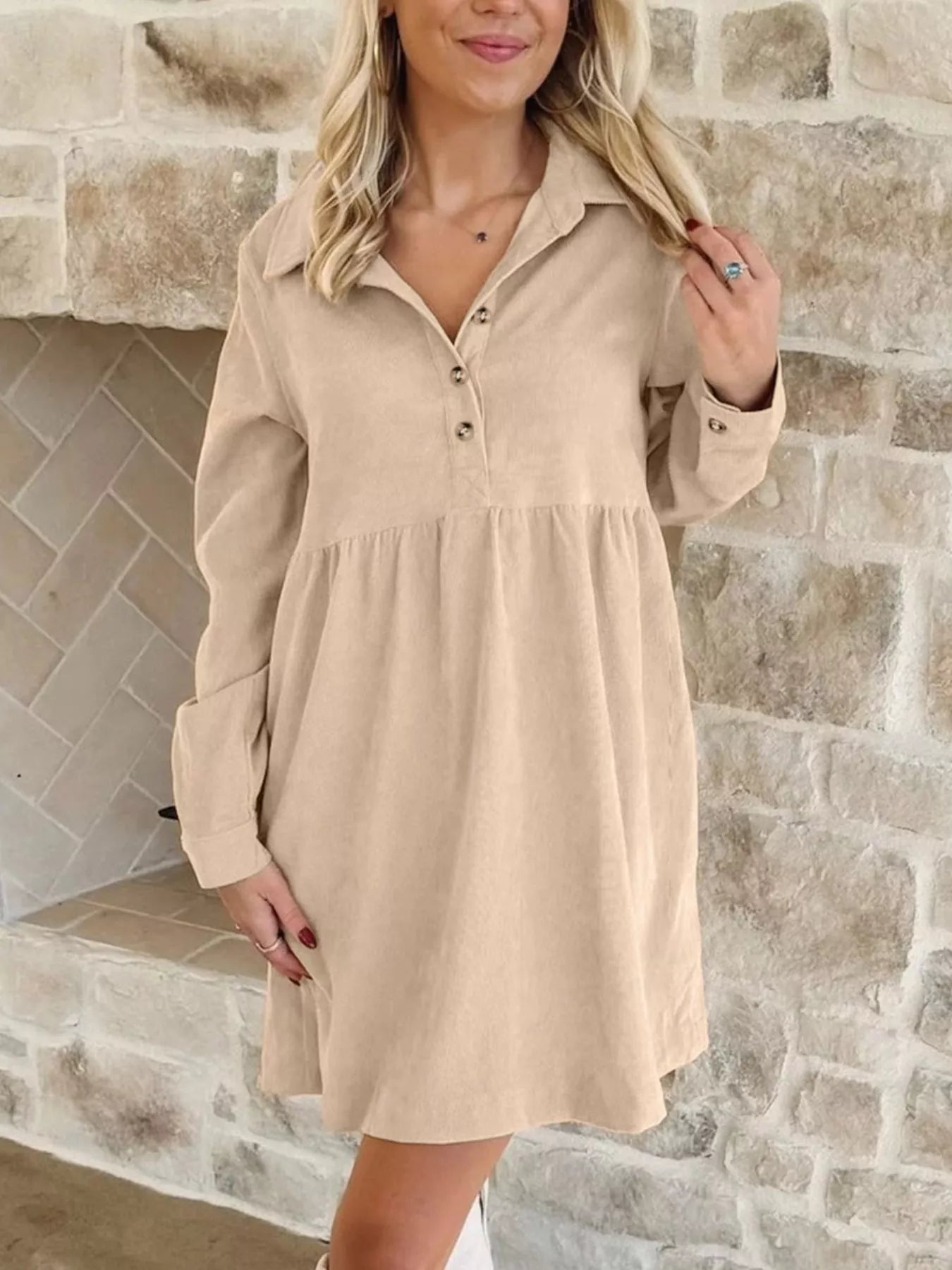 Corduroy Half Button Collared Long Sleeve Mini Dress