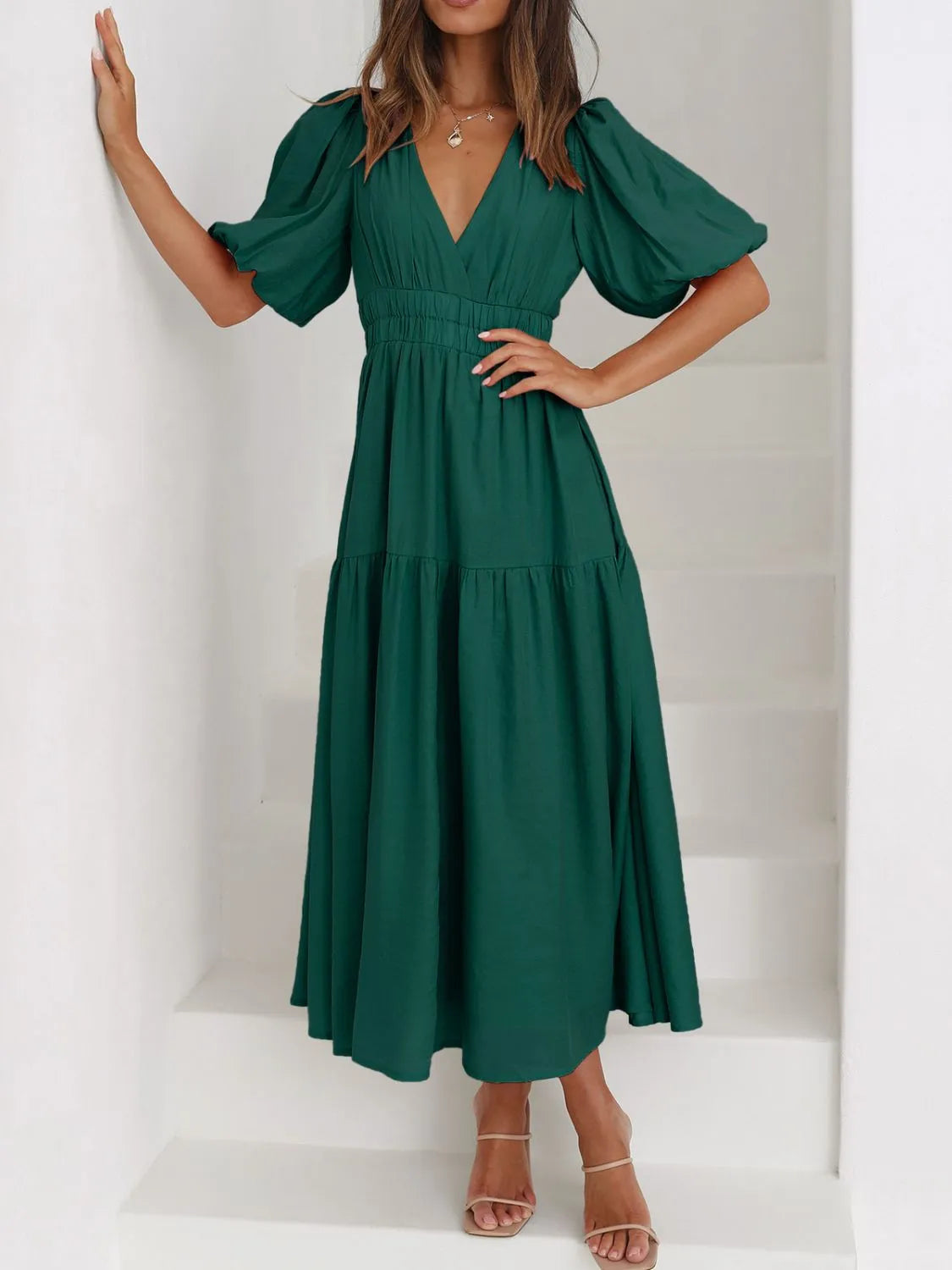 V-Neck Puff Sleeve Midi Dress