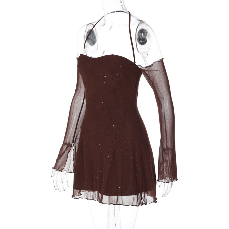 Halter Spaghetti Straps Mesh Sparkle Dress