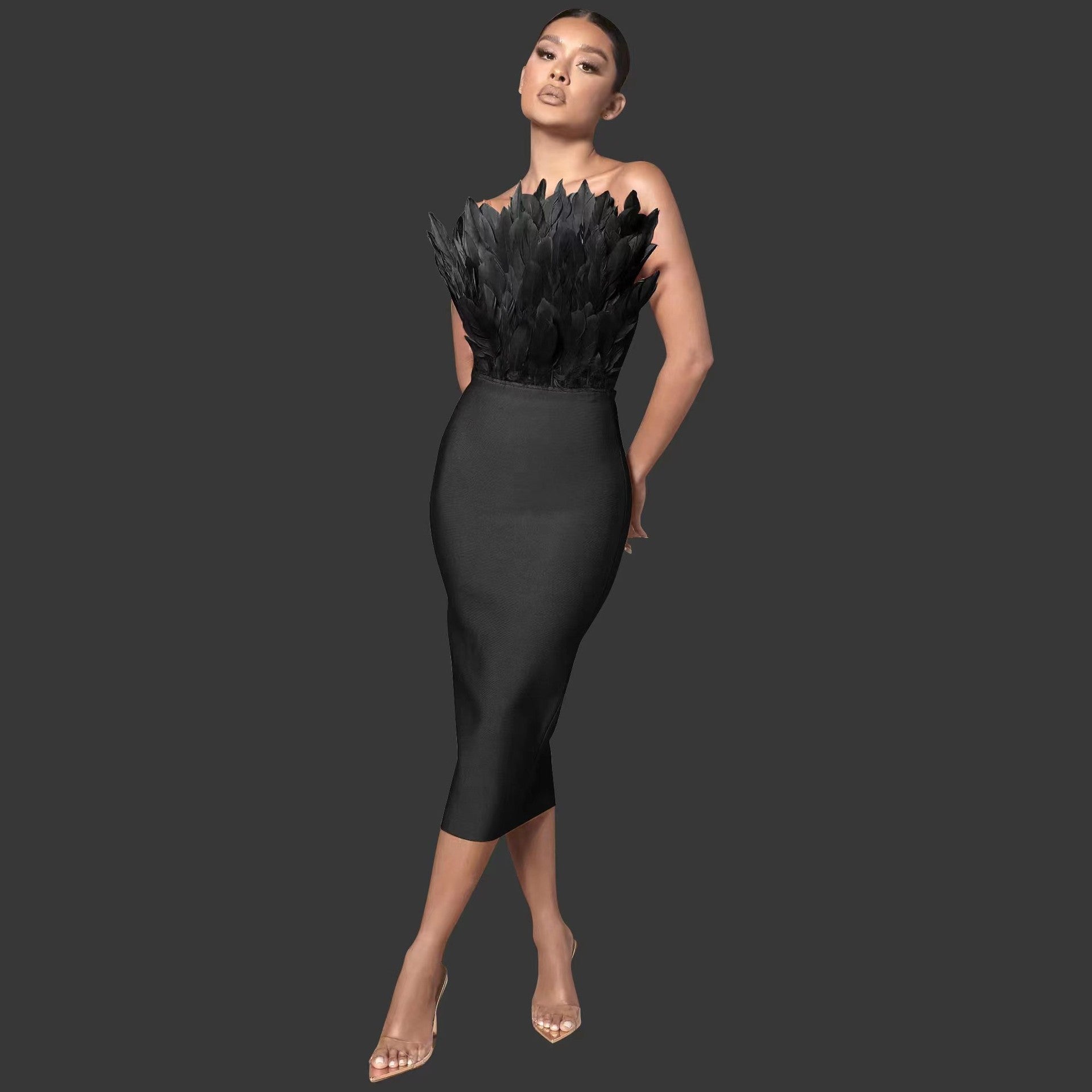 Alyia Elegant Feather Bandage Midi Dress