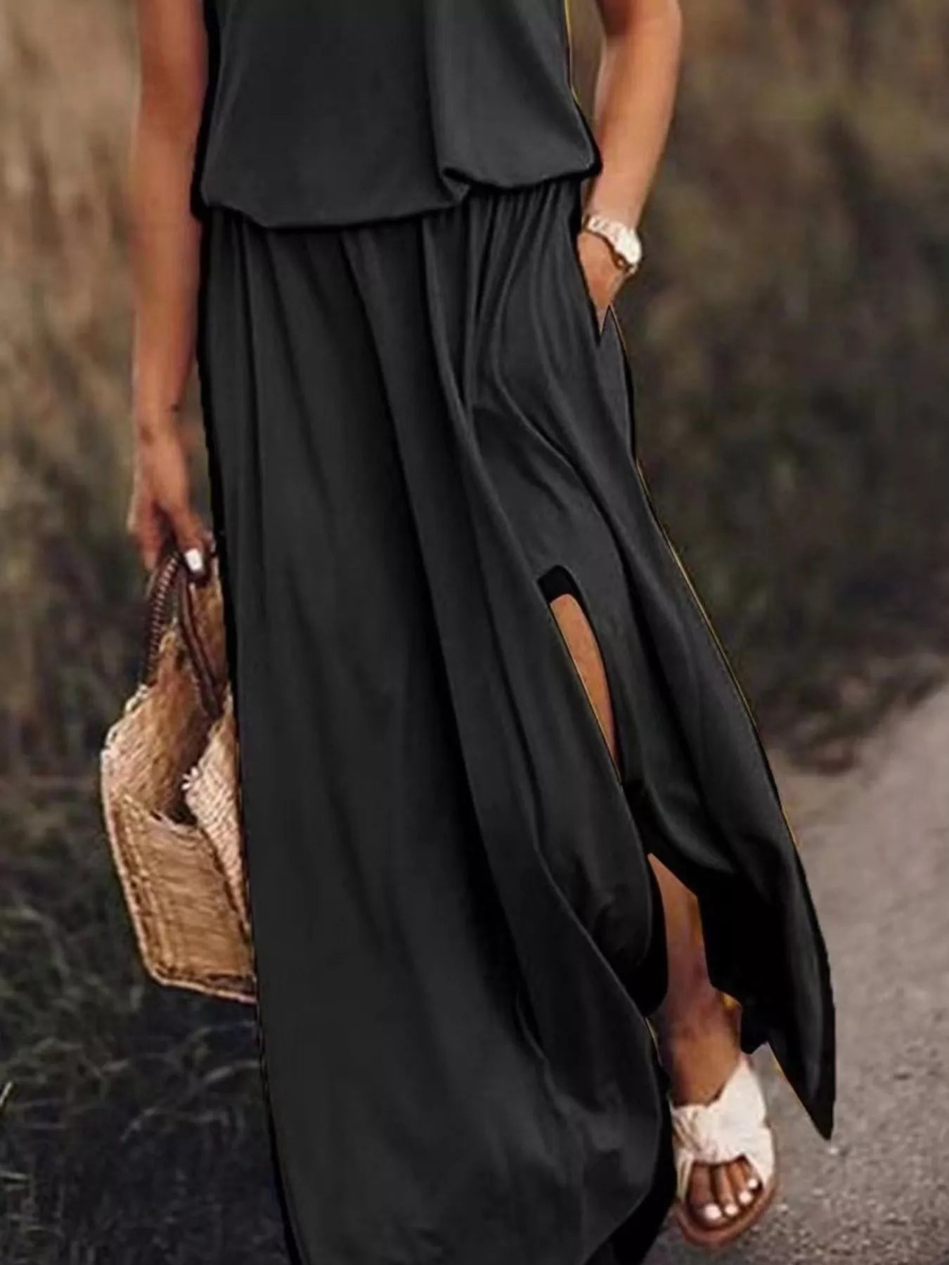 Round Neck Sleeveless Slit Maxi Dress