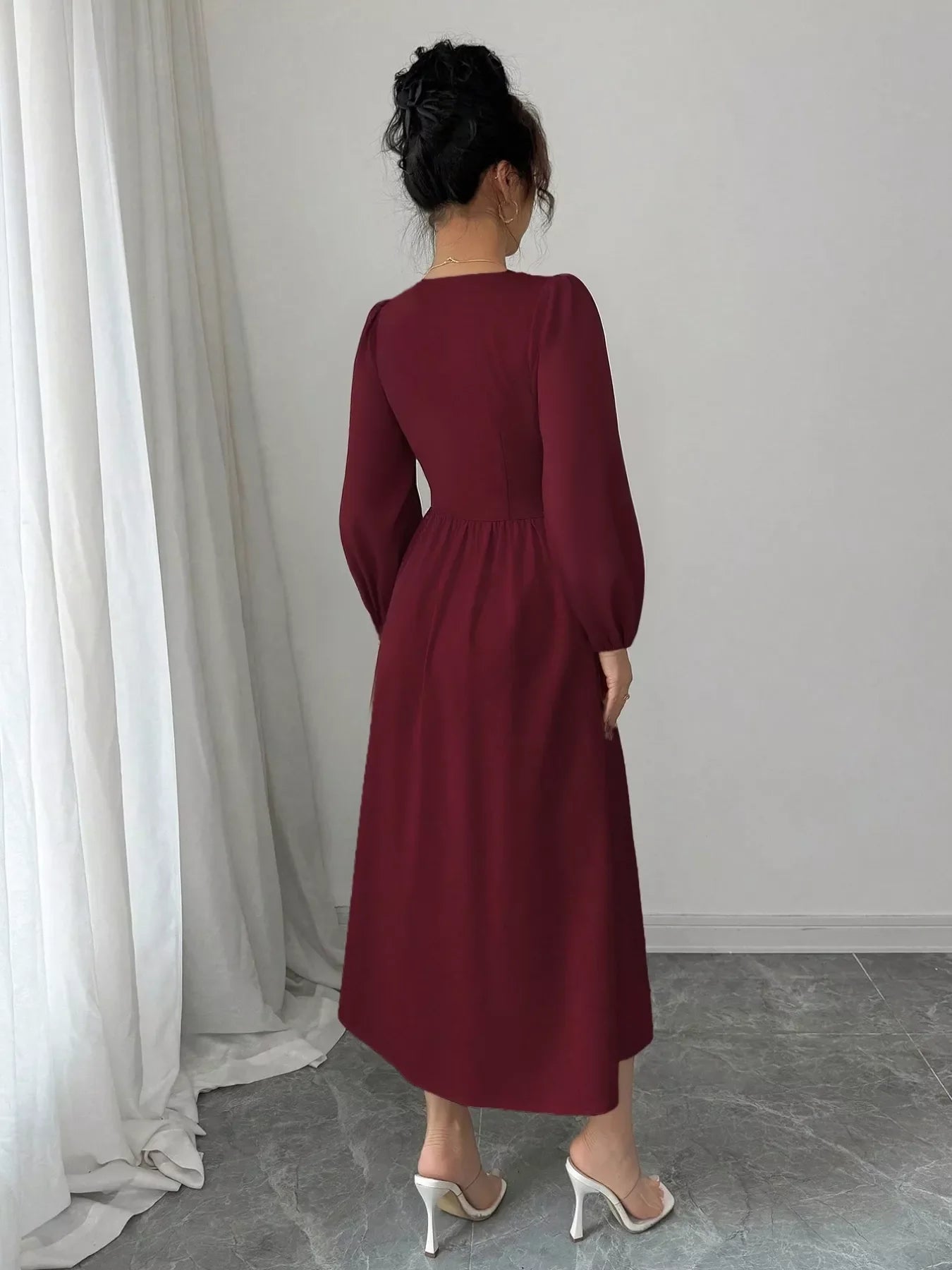 Square Neck Button-Front Midi Dress