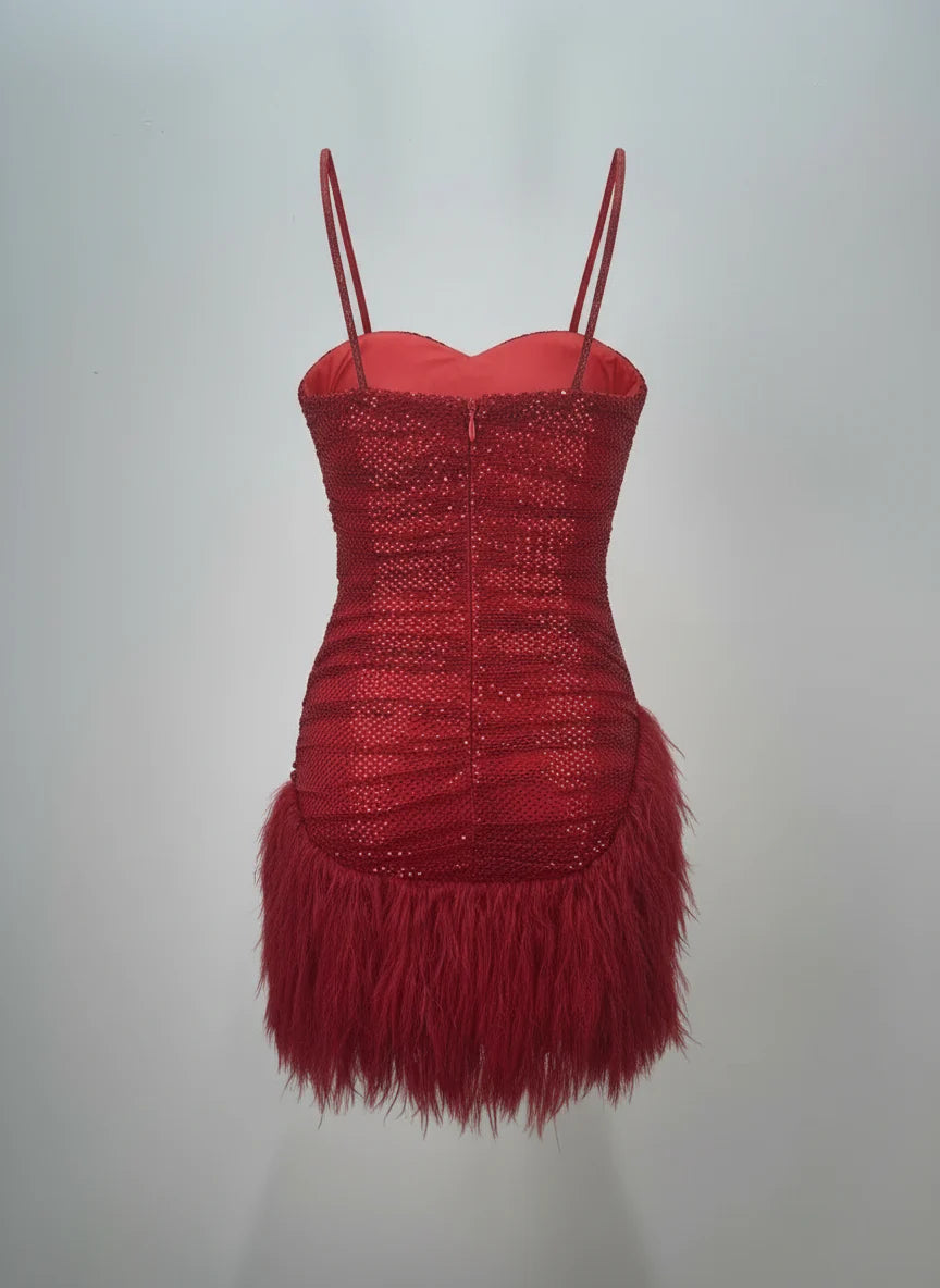 Red Sequin Feather Mini Dress â€?Luxury Party Style