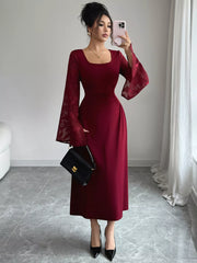 Square Neck Flare Sleeve Midi Dress