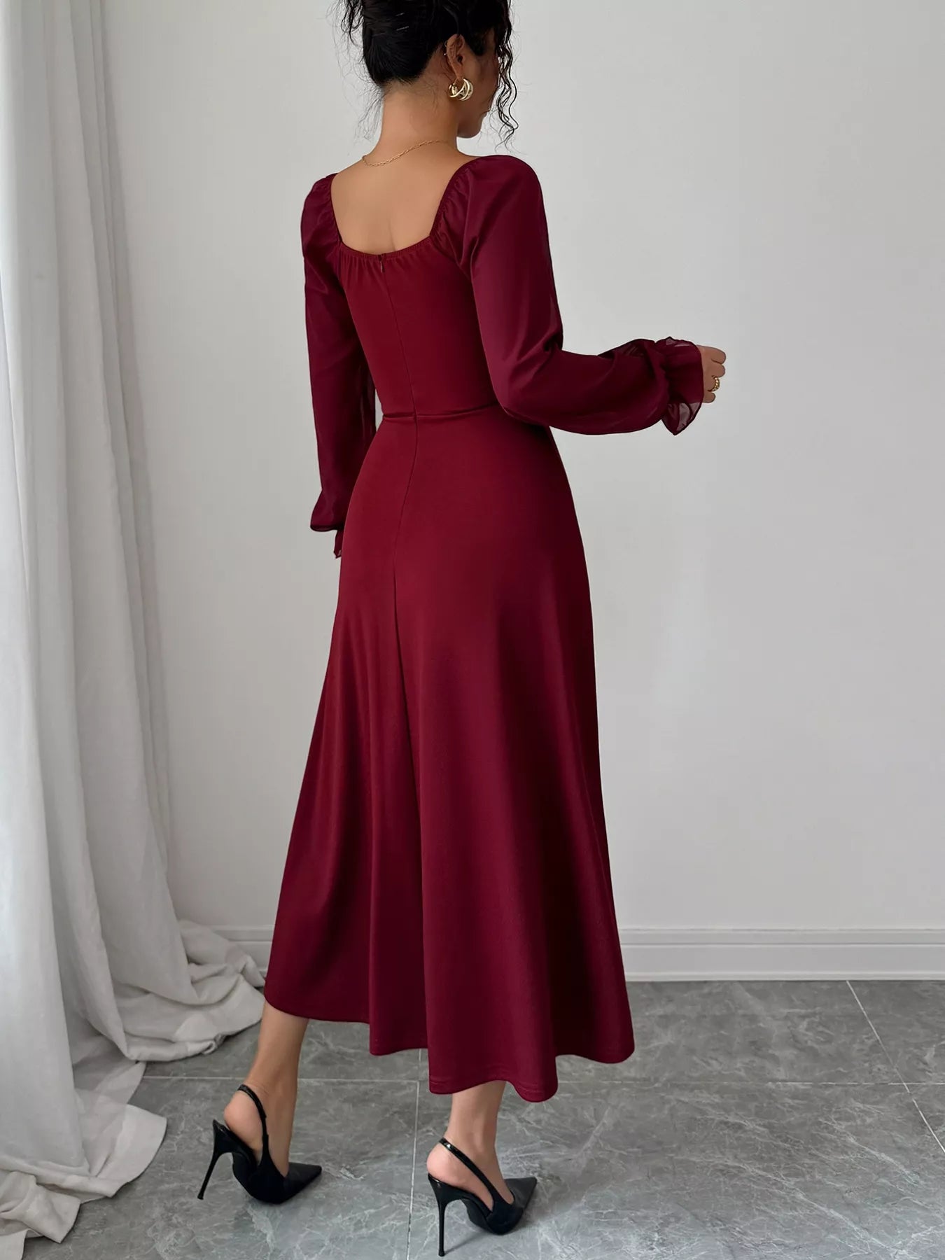Flounce Sleeve A-Line Midi Dress