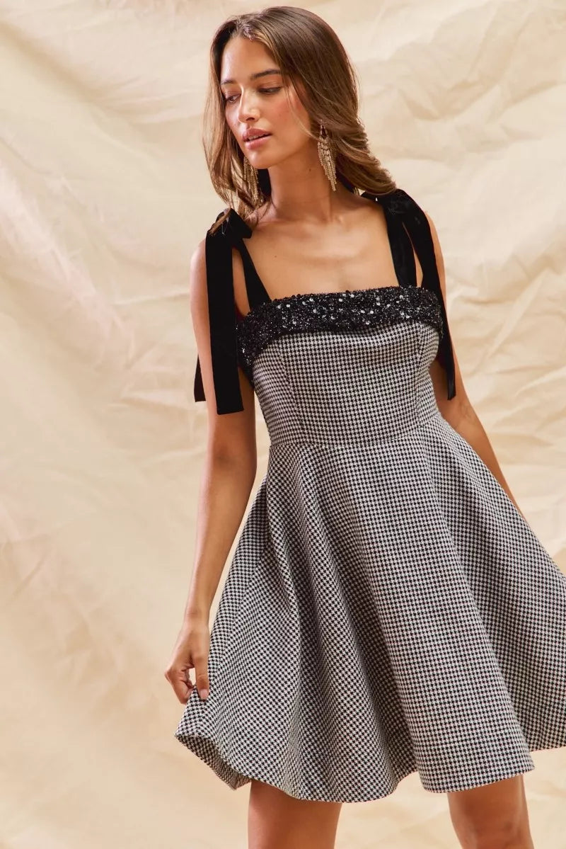 SO ME Houndstooth Fit Flare Mini Dress with Shoulder Tie