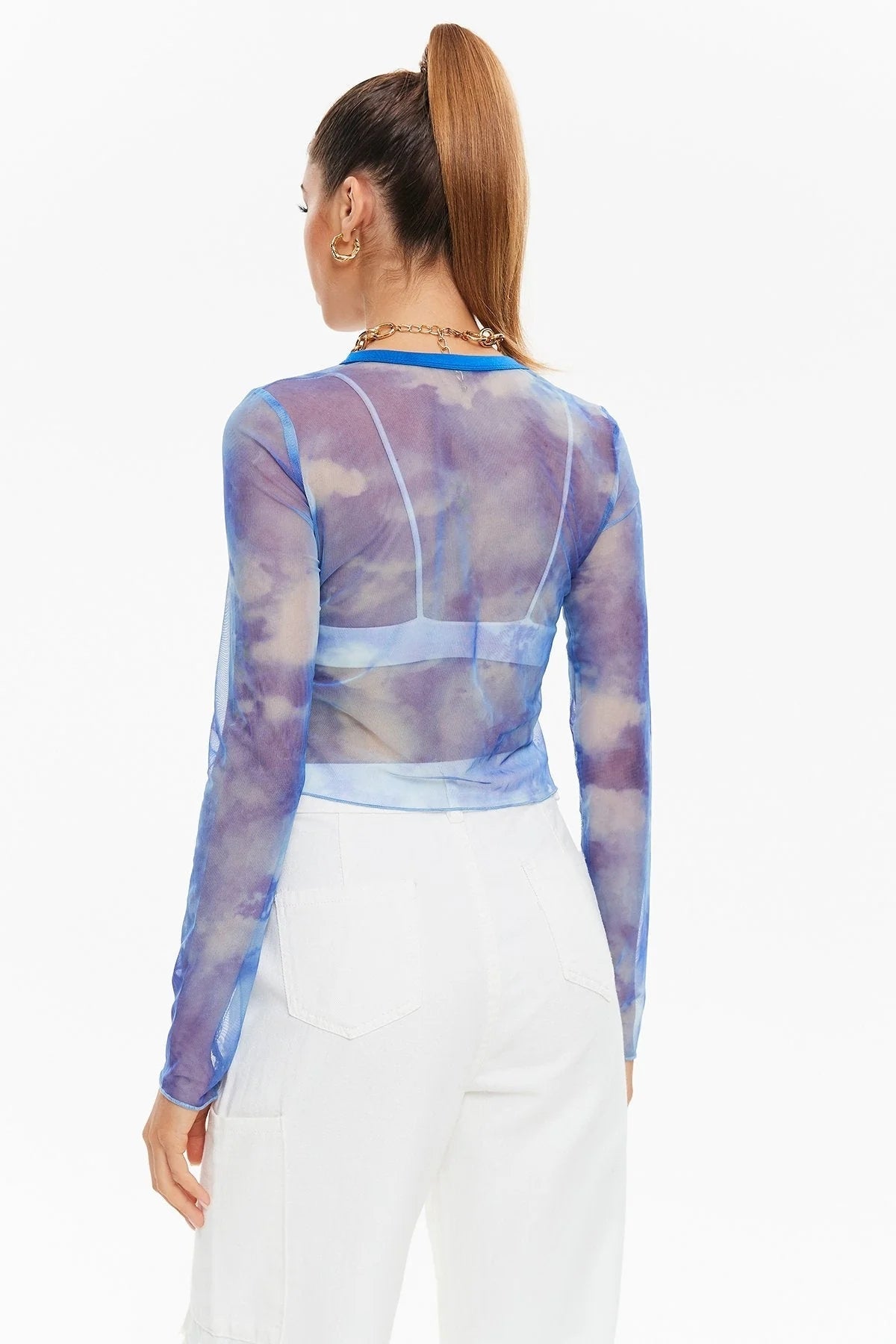 Round Neck Exposed Navel Long -sleeved Mesh Printed Tops