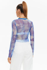 Round Neck Exposed Navel Long -sleeved Mesh Printed Tops