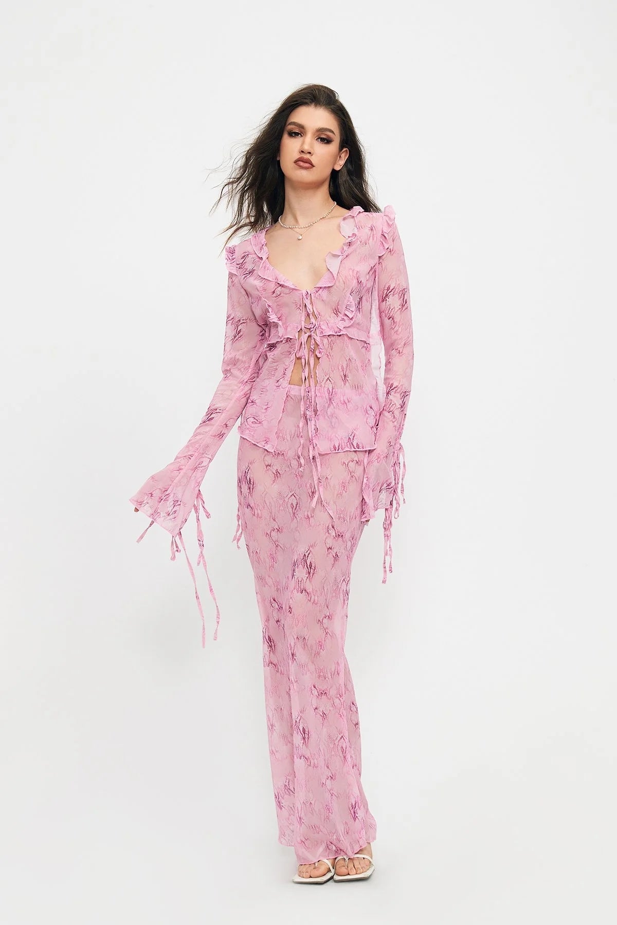 Strappy Lace V-neck Top  Chiffon Printed Dress Suit