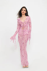 Strappy Lace V-neck Top  Chiffon Printed Dress Suit