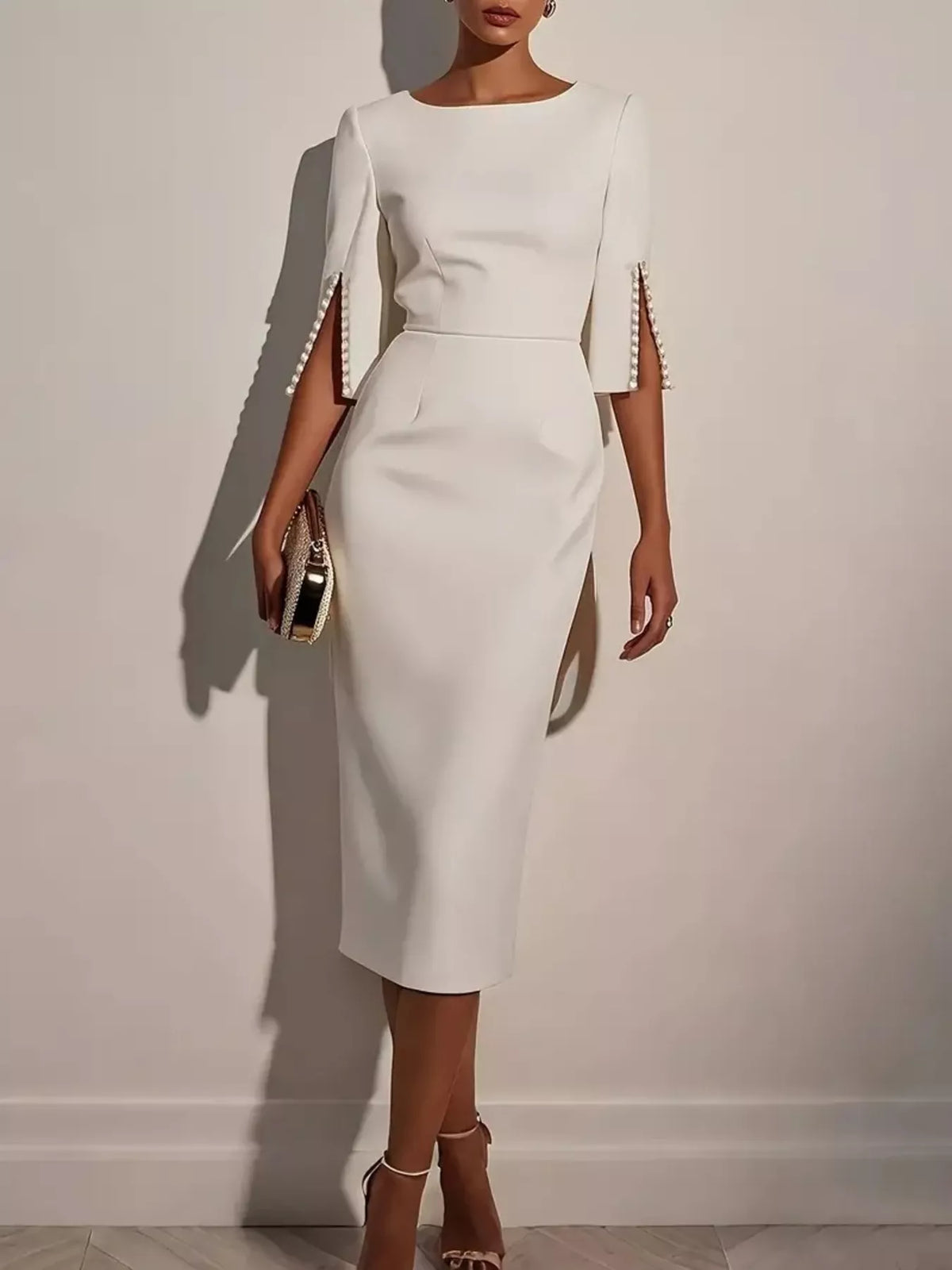 Slim-Fit Elegant Midi Dress with Beaded Slit Sleeve
