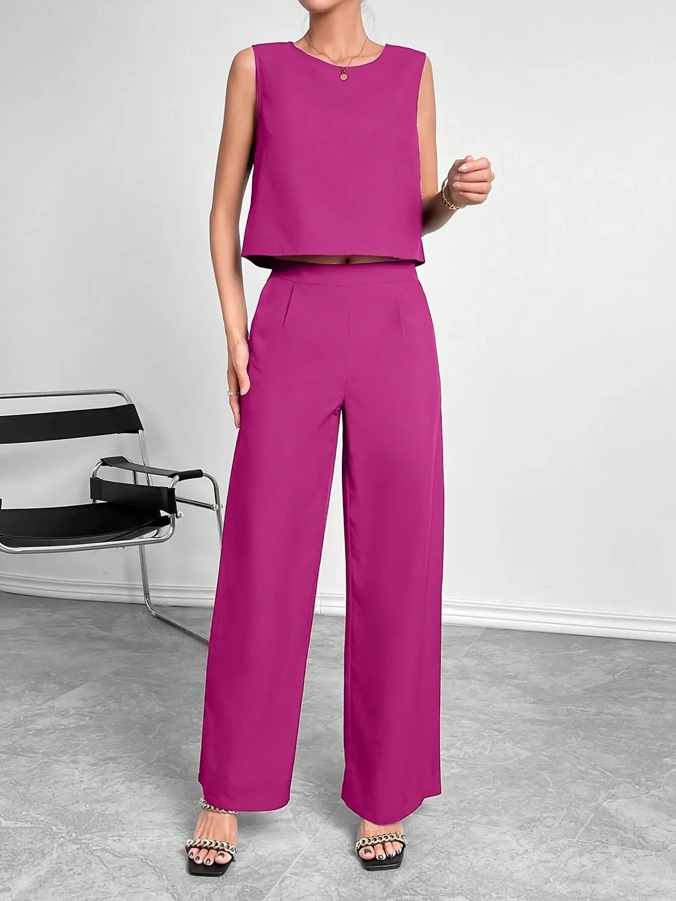 Round Neck Tank and Wide Leg Pants Set