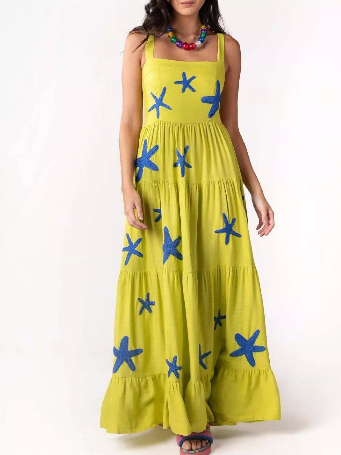 Embroidered Square Neck Tiered Maxi Cami Dress
