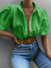 Eyelet Puff Sleeve Button-Up Shirt