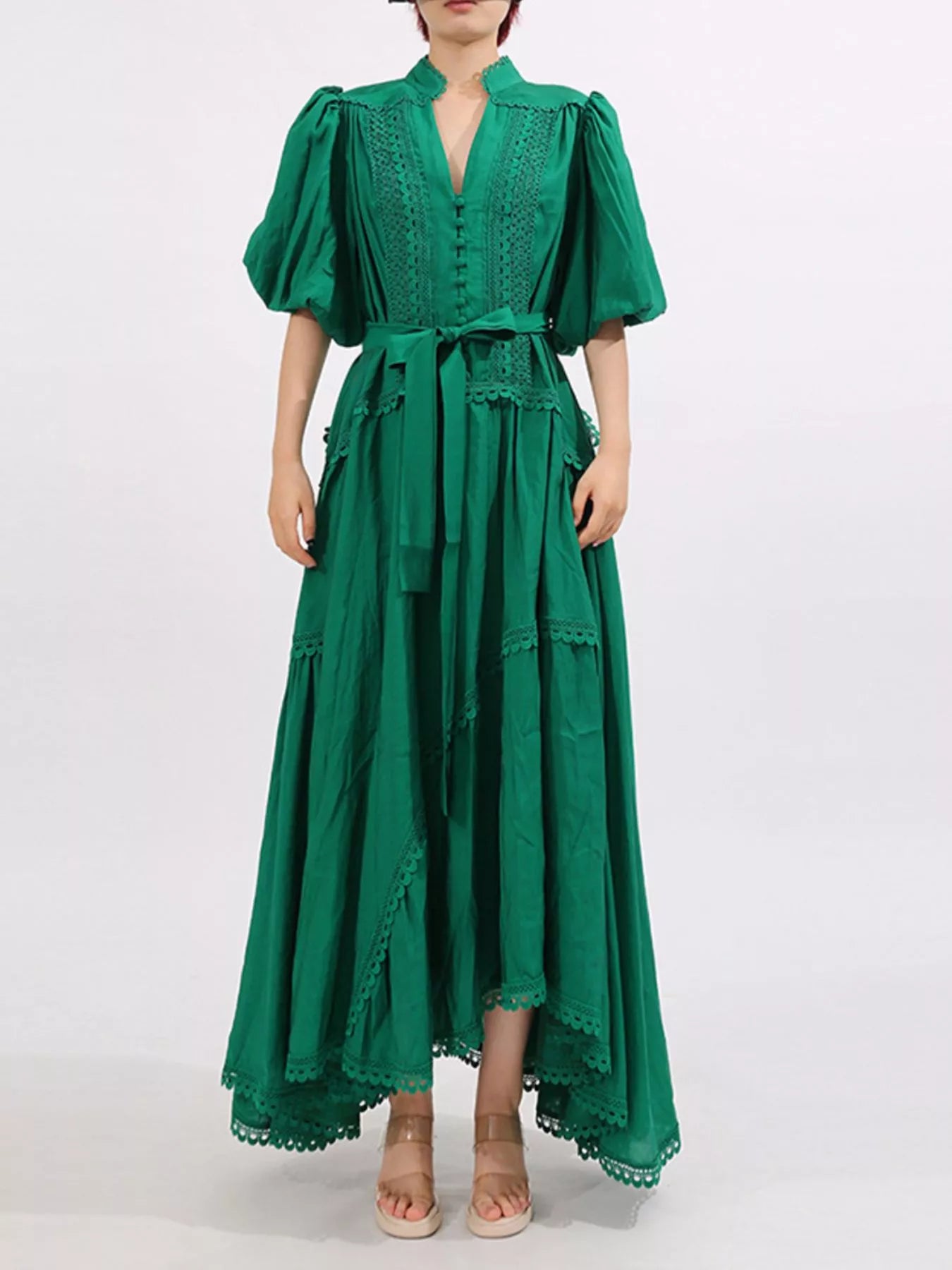 Lace Detail Notched Puff Sleeve Maxi Dress