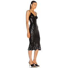 Merina Halter Sequined Fishtail Dress-Black