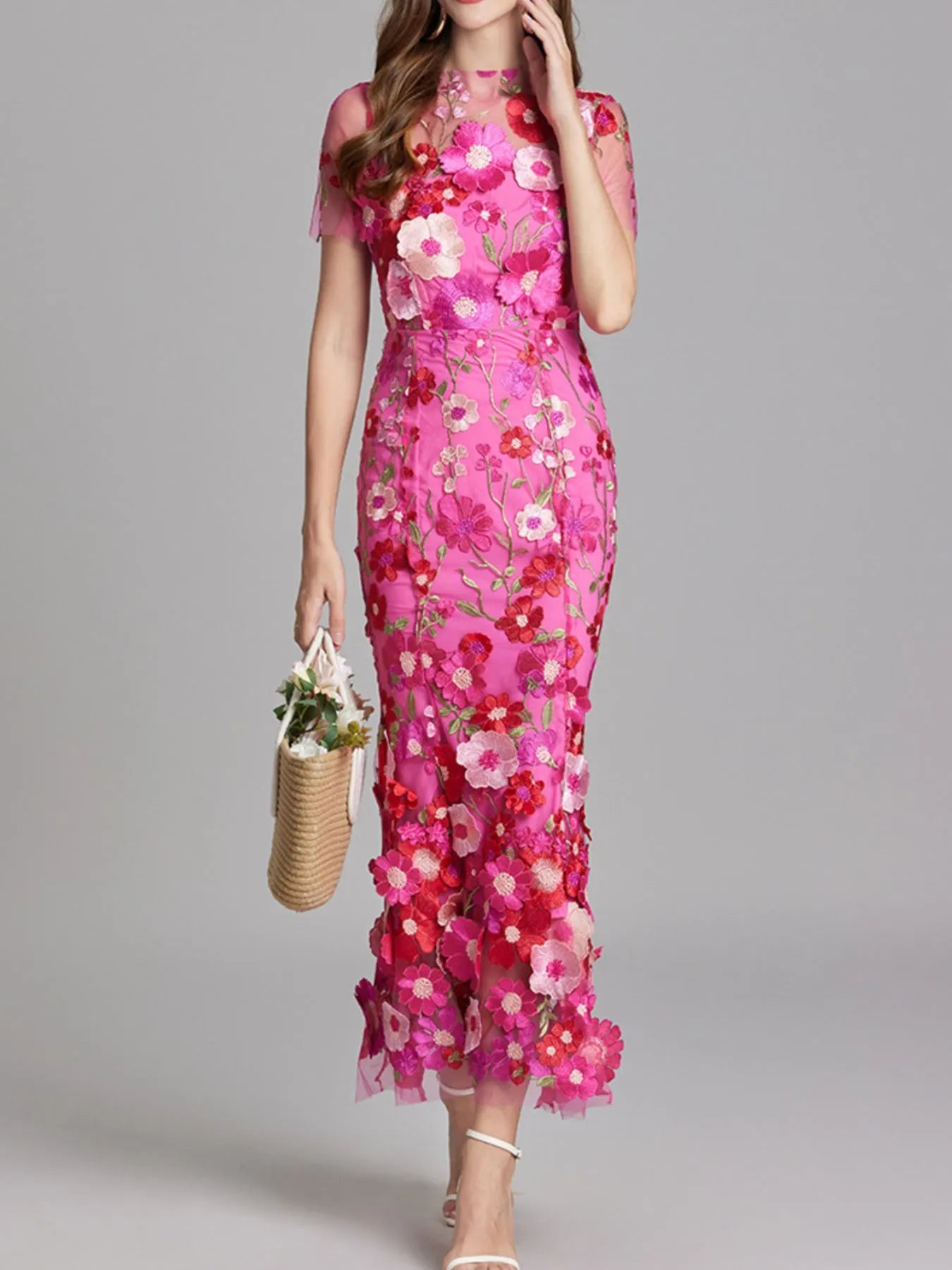 Floral Embroidered Mesh Overlay Maxi Dress