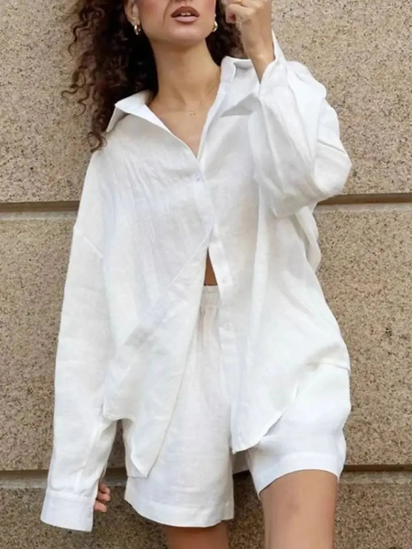 Button Up Long Sleeve Shirt and Shorts Set