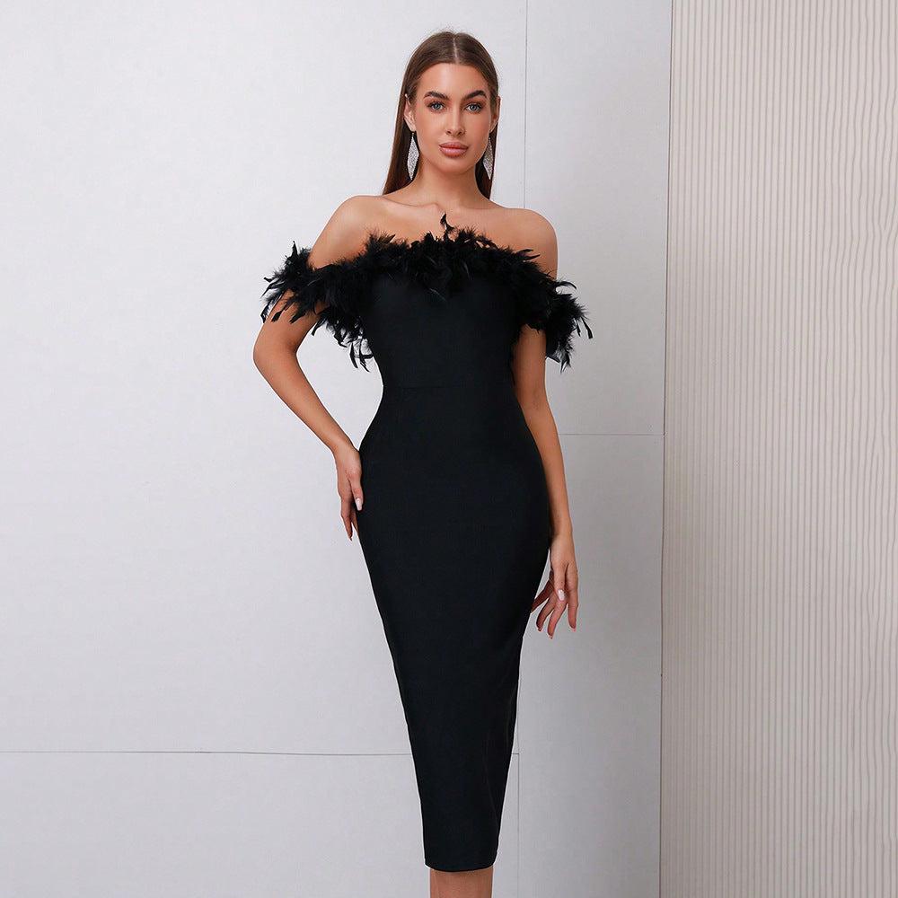 Alyia Off-Shoulder Feather Dress