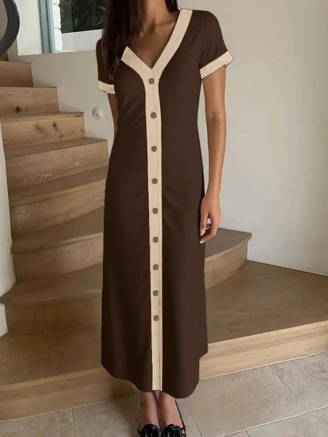 Button-Front Contrast Trim Midi Dress