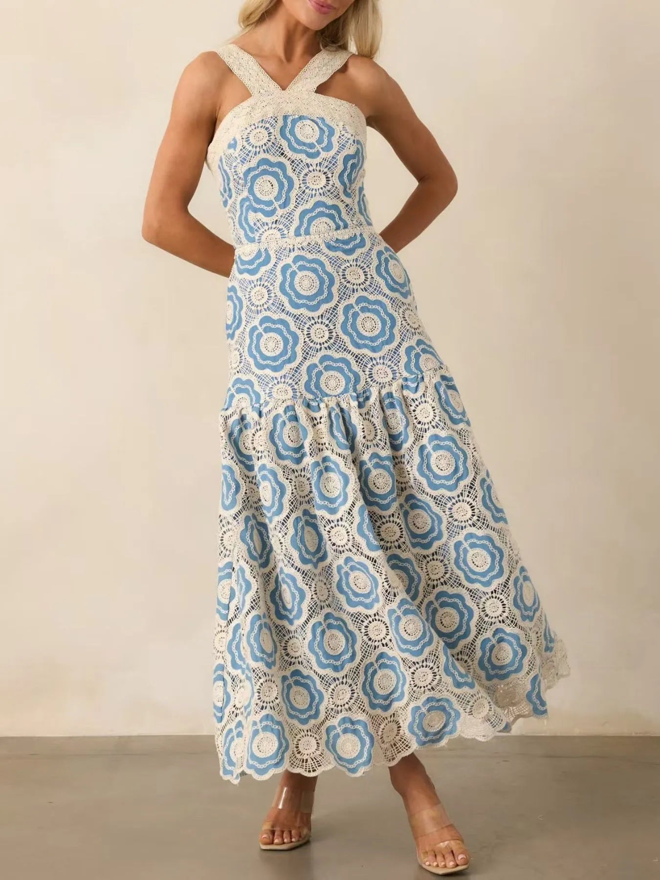 Lace Sleeveless Tiered Midi Dress