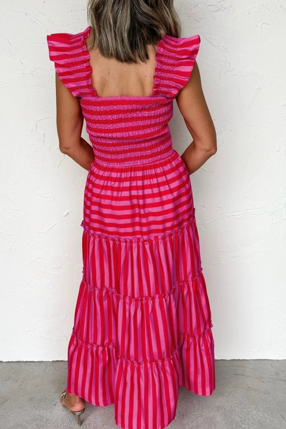 Stripe Flutter Sleeve Smocked Bodice Tiered Maxi Dress