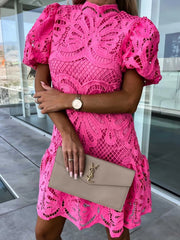 Lace Mock Neck Puff Sleeve Dress