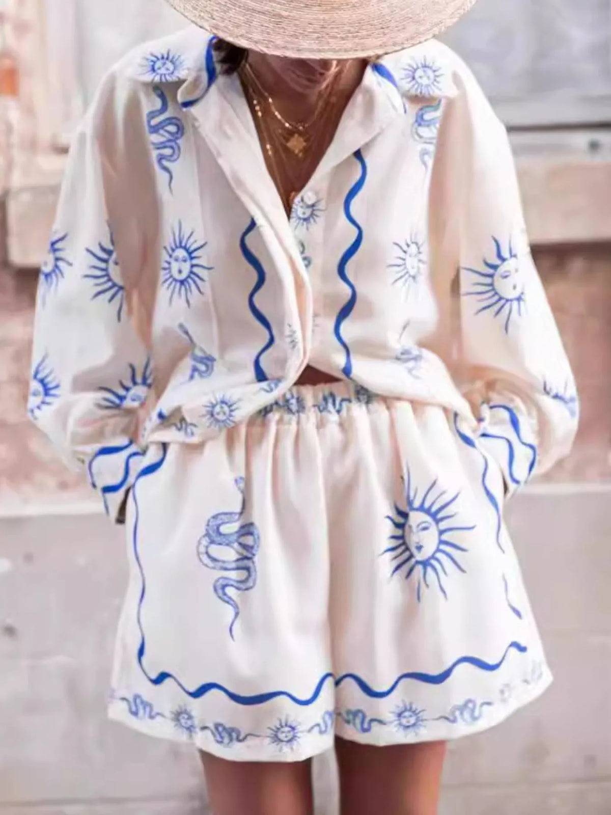 Printed Button Up Shirt and Shorts Set