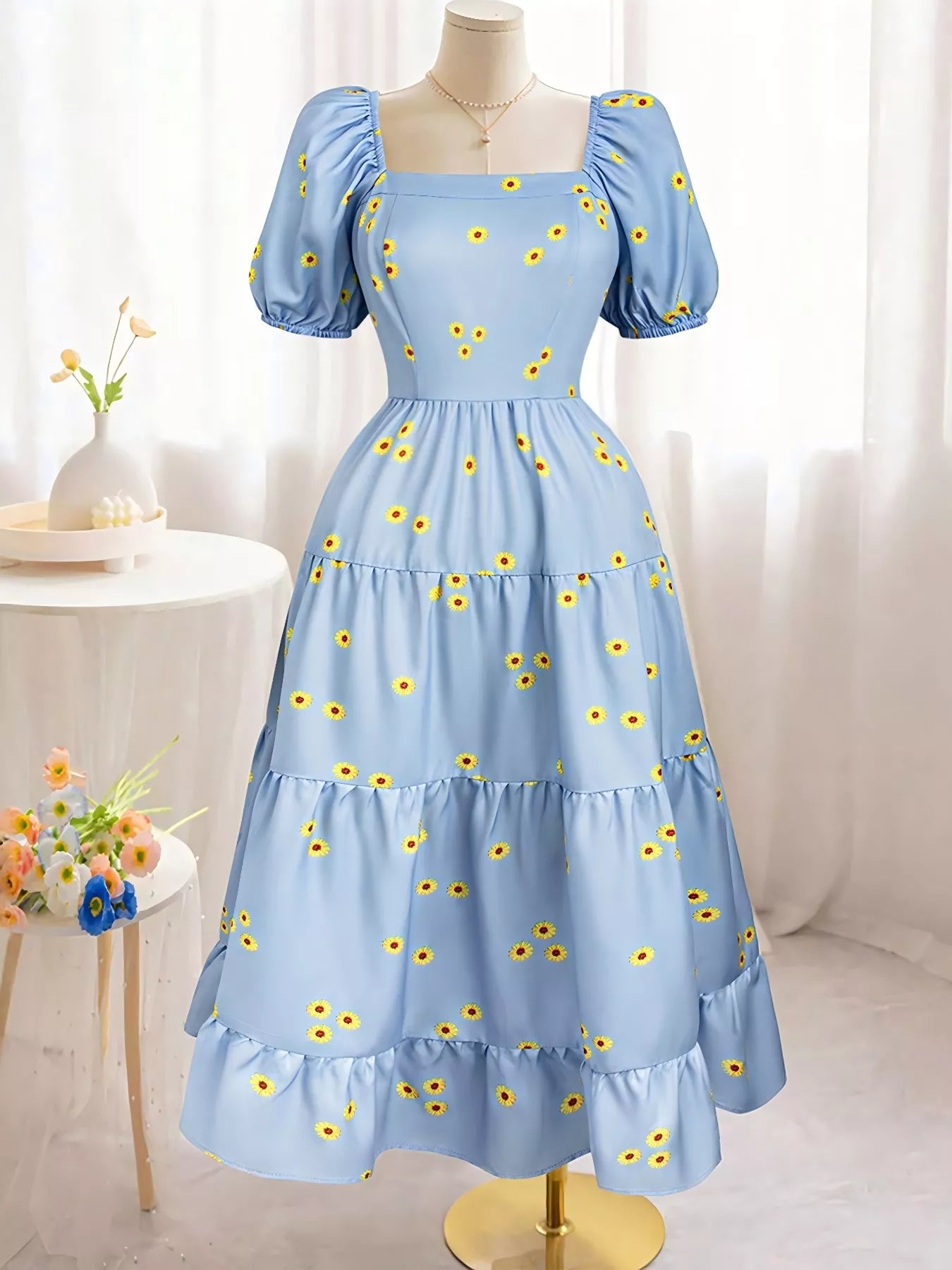 Daisy Print Puff Sleeve Tiered Maxi Dress