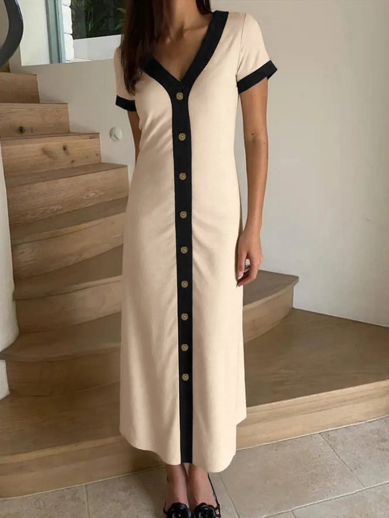 Button-Front Contrast Trim Midi Dress
