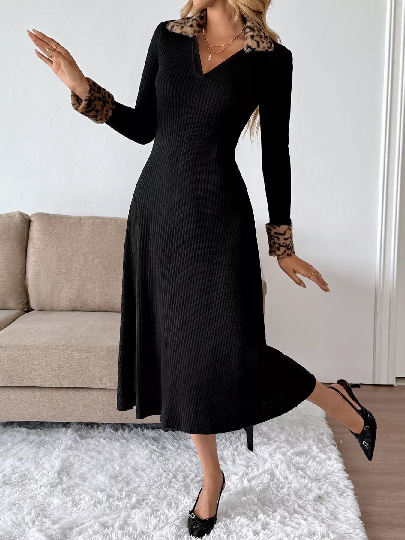 Leopard Cuff Johnny Collar Midi Dress