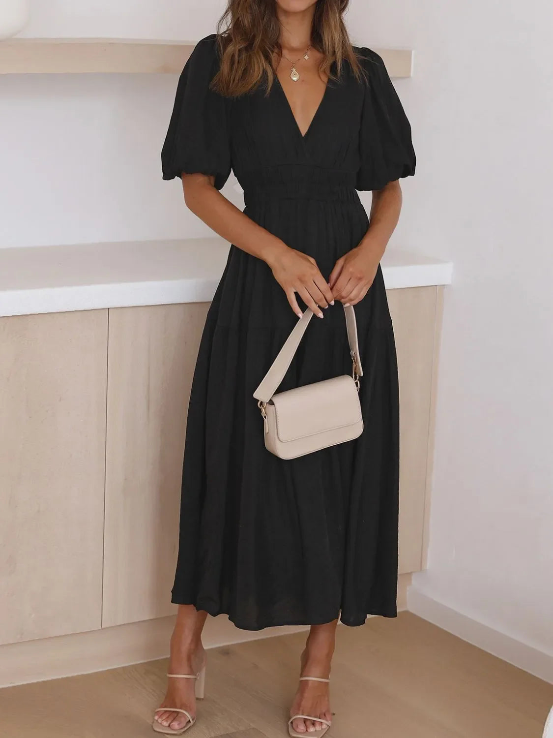 V-Neck Puff Sleeve Midi Dress