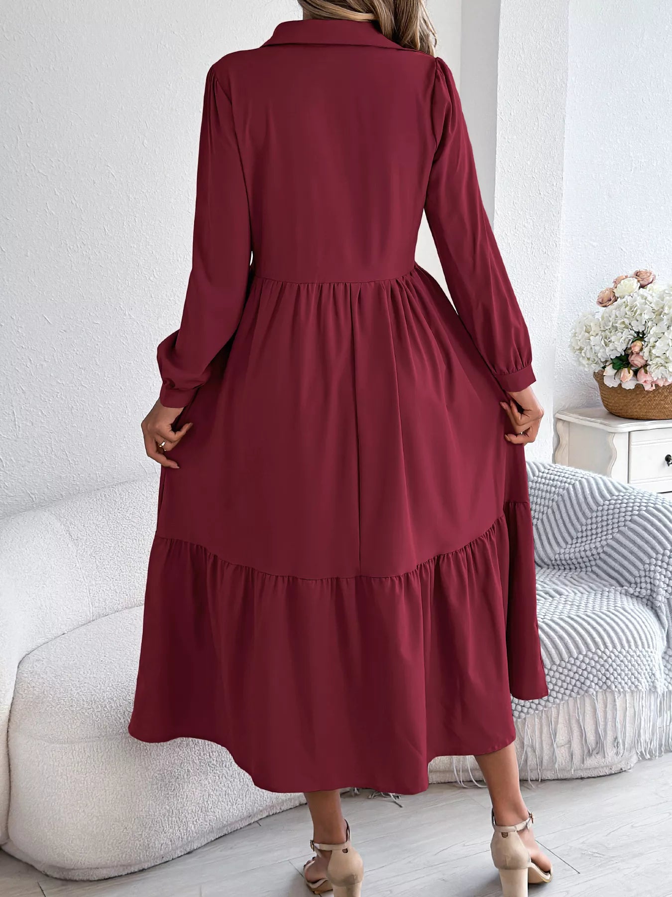 Long Sleeve Tiered Button Front Midi Dress