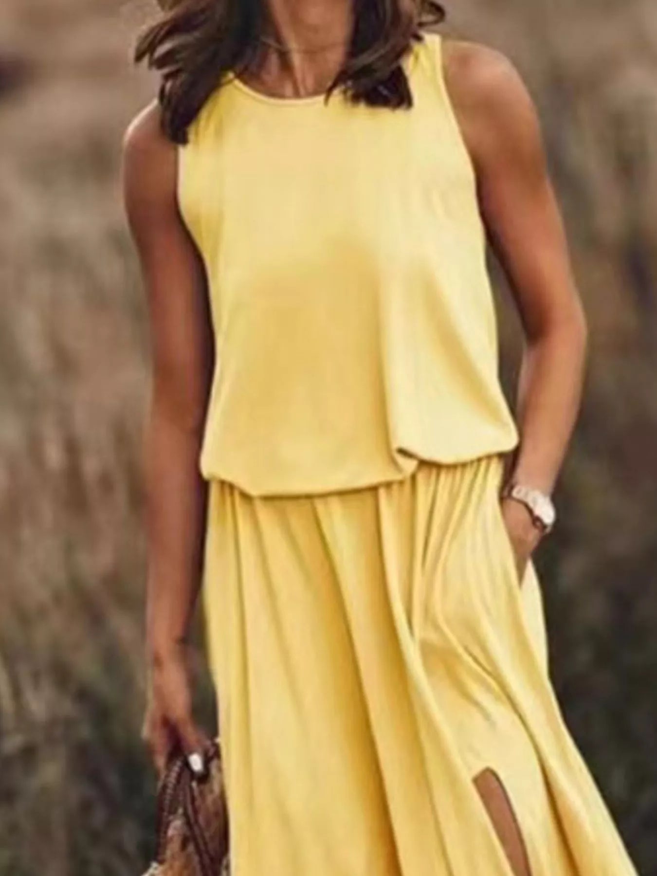 Round Neck Sleeveless Slit Maxi Dress
