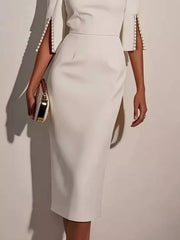 Slim-Fit Elegant Midi Dress with Beaded Slit Sleeve