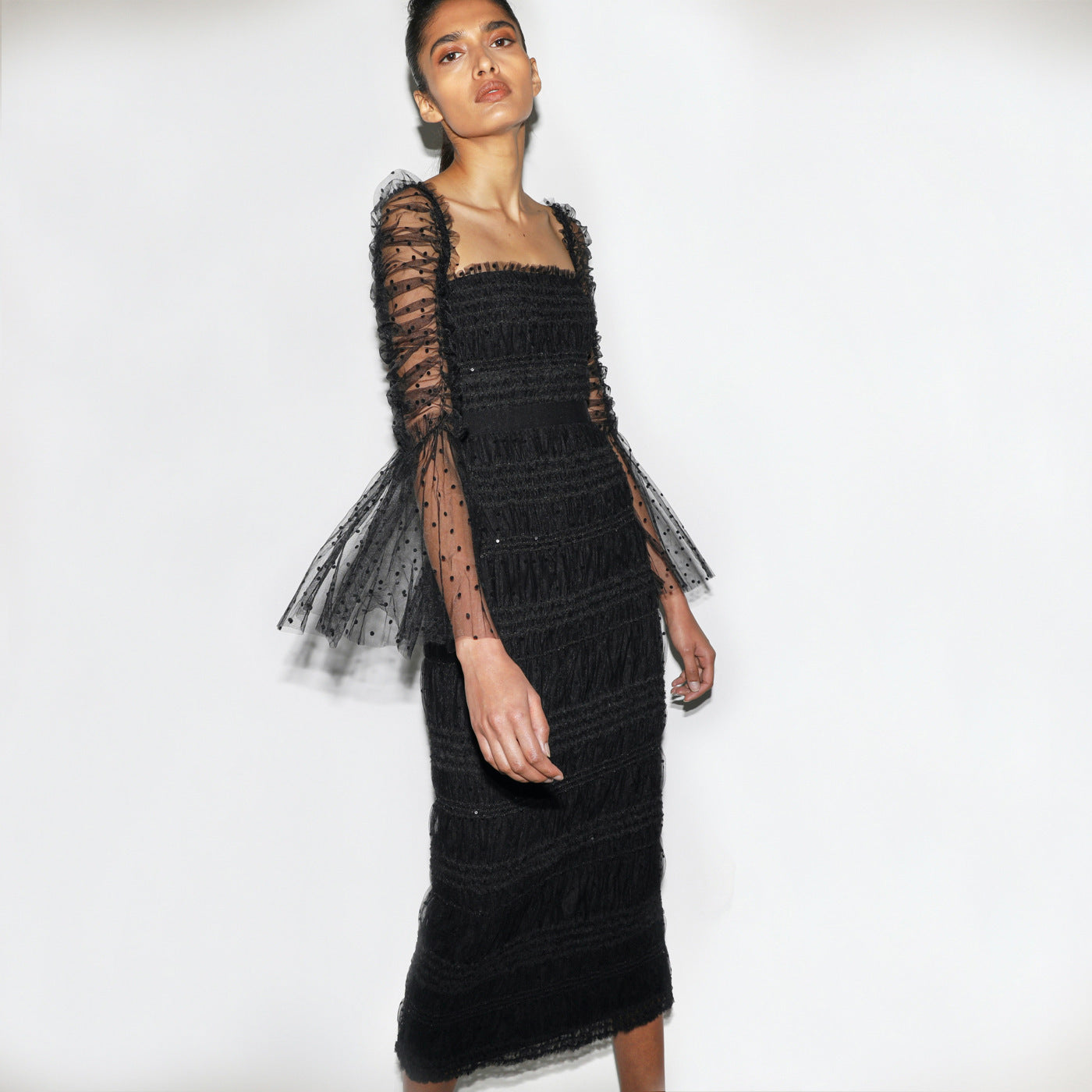 Polka Dot Black Mesh Midi Dress